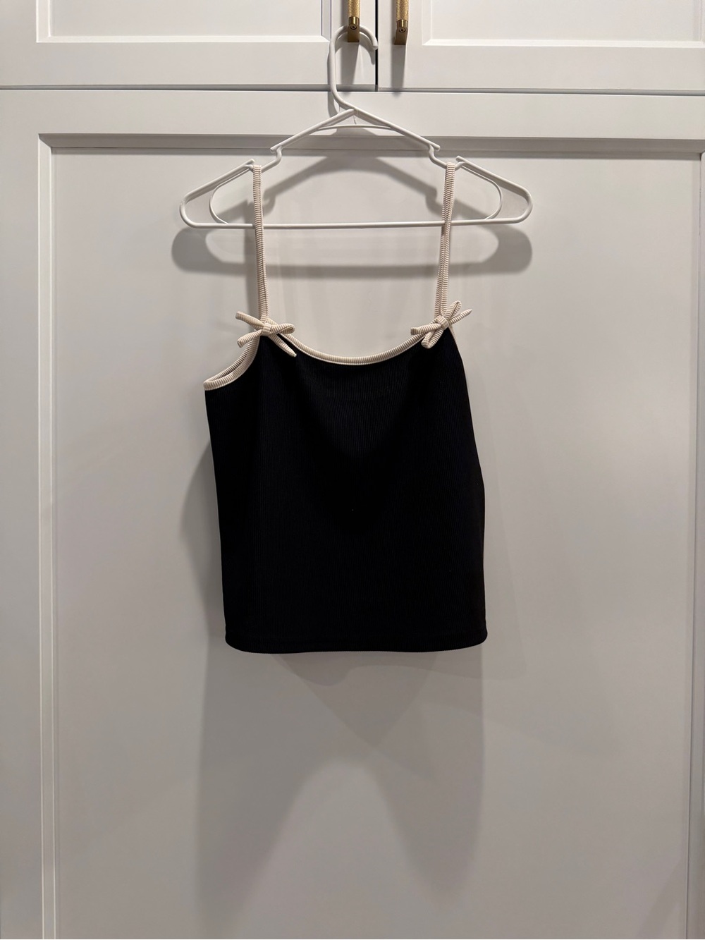 Anthropologie - Women’s Black Tank Top with Cream Trim & Bows